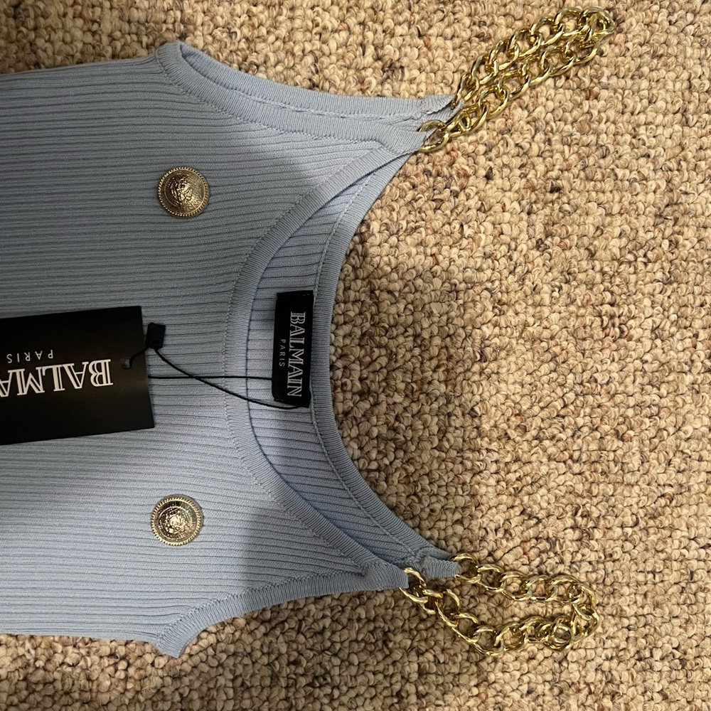 Balmain Light Blue Dress with Gold Chain Straps & Gold Buttons
